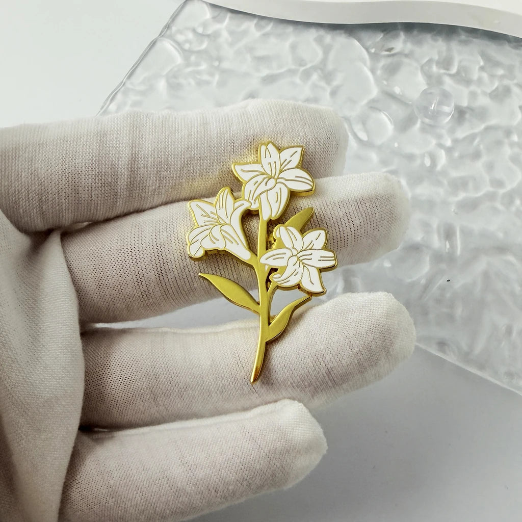 White Lily Enamel Brooch Pin