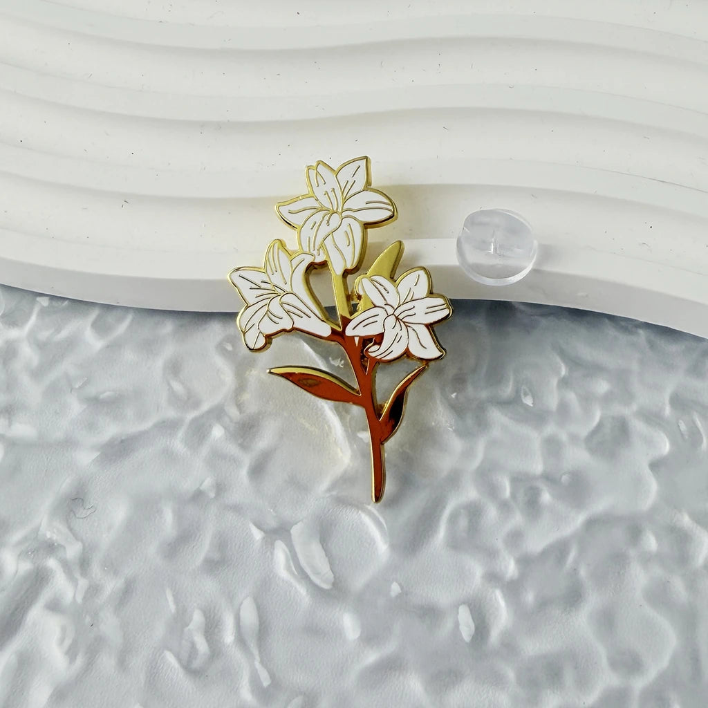 White Lily Enamel Brooch Pin